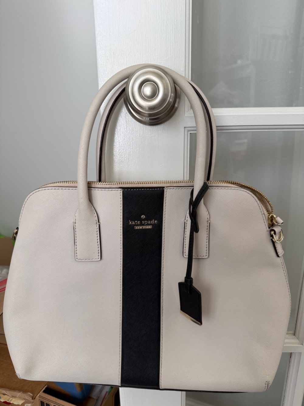 kate spade Cream and Black Leather Stripe Satchel